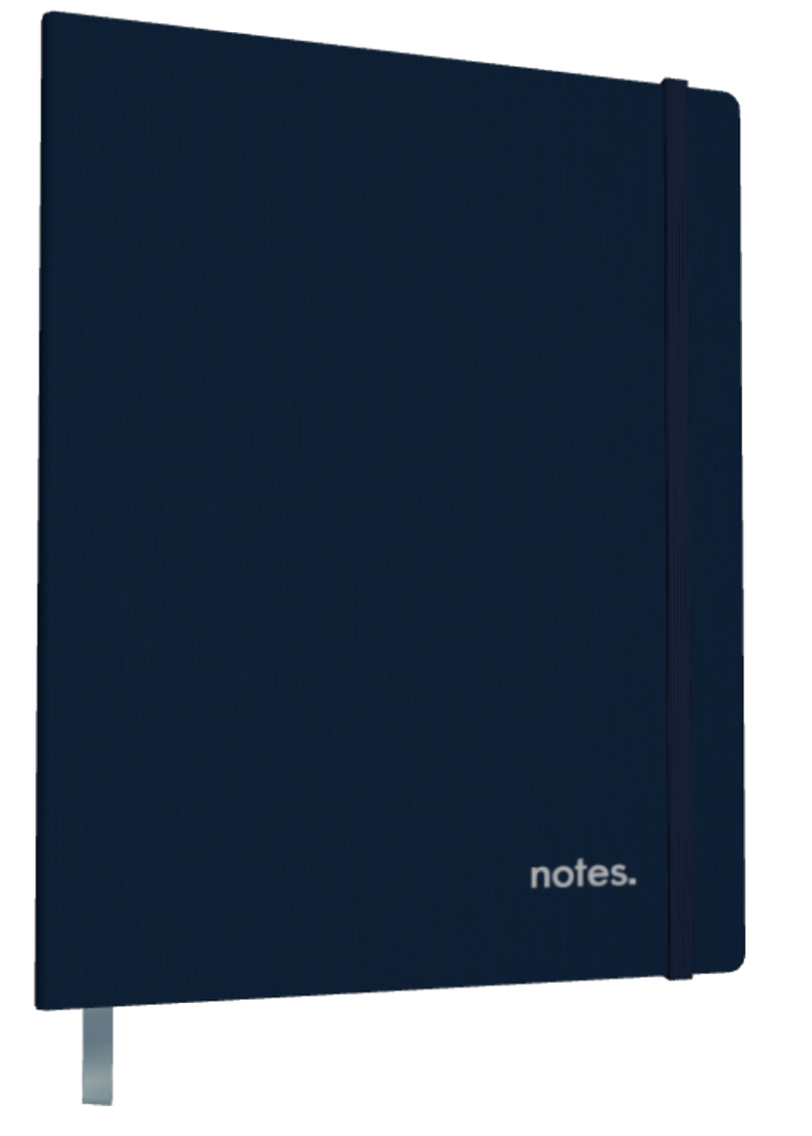 Mockup of the Neuro Notebook with a navy blue cover. The word notes is displayed in the lower right corner of the cover.