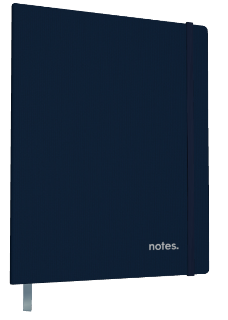 Neuro Notebook mockup showing a navy blue cover and the word notes in the lower right corner