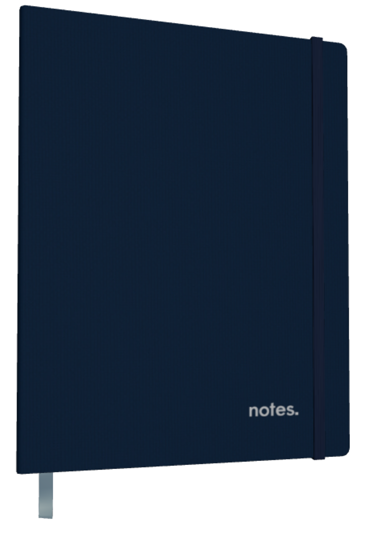 Neuro Notebook mockup showing a navy blue cover and the word notes in the lower right corner